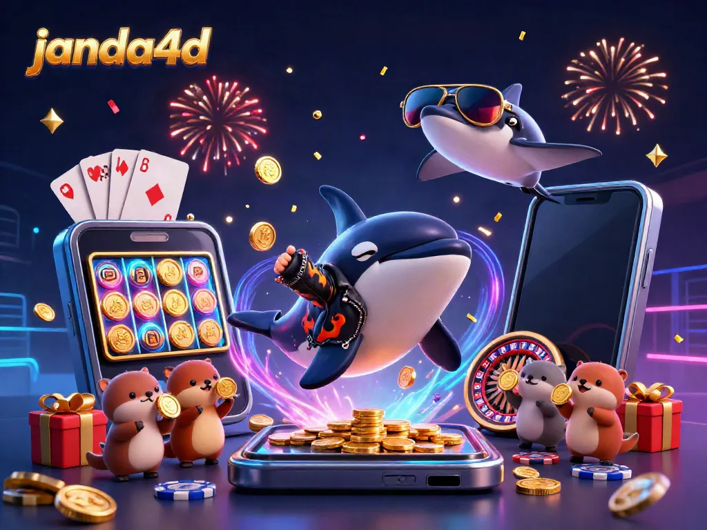 JANDA4D menghadirkan orka dan ikan pari dikelilingi permainan slot dan koin emas, menambah keseruan.