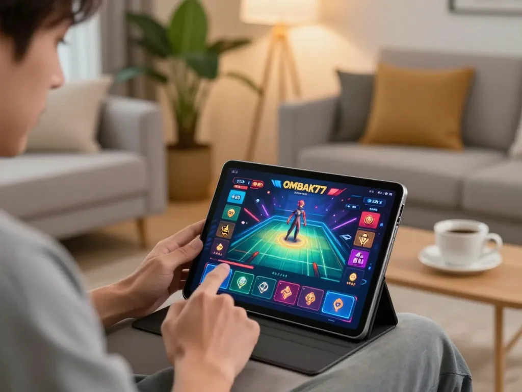 pemain yang terlibat menikmati permainan online ombak77 di tablet di ruang tamu yang nyaman.