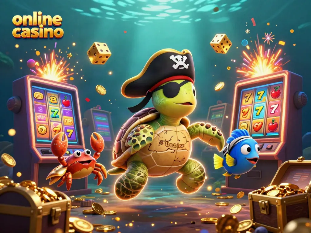 Experience the excitement of an online casino featuring vibrant scenes with animated characters and games.