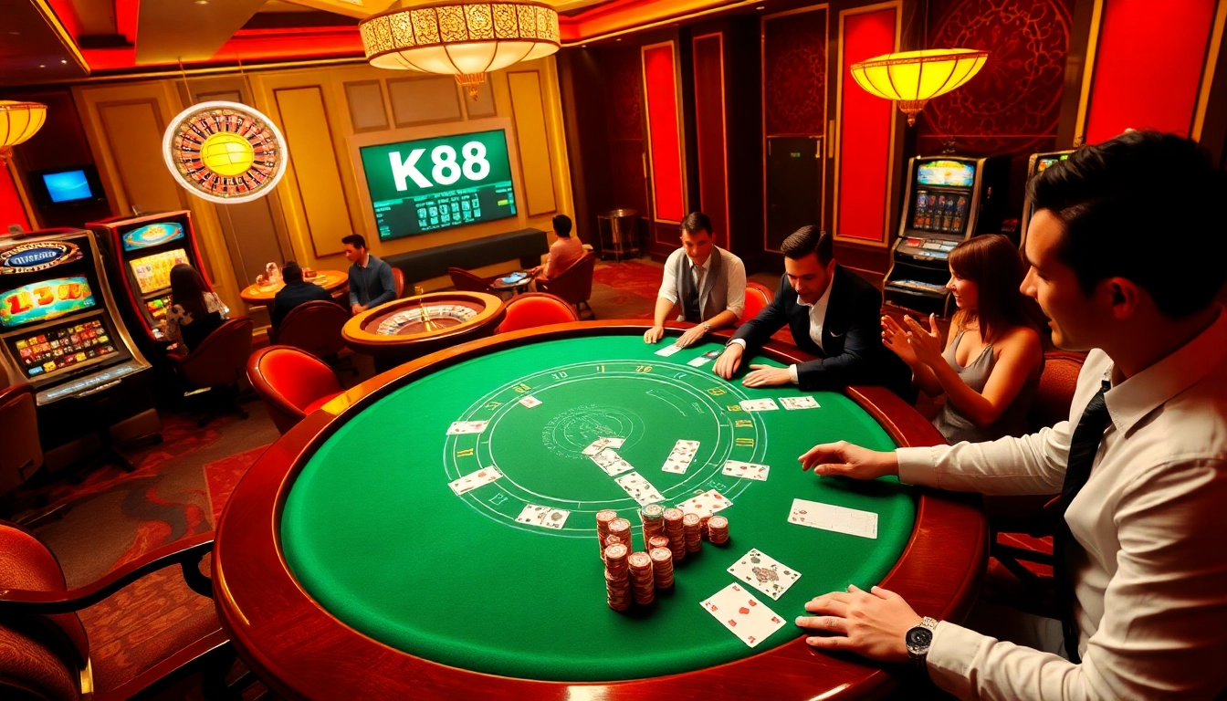 Exciting KP88 casino scene with poker games, roulette wheels, and stylish players enjoying their bets.