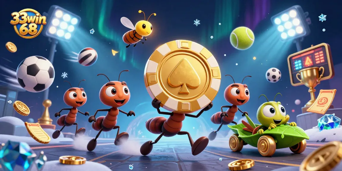 Join the 3D team of ants in a thrilling 33win 68 heist featuring massive poker chips and dynamic sports elements.