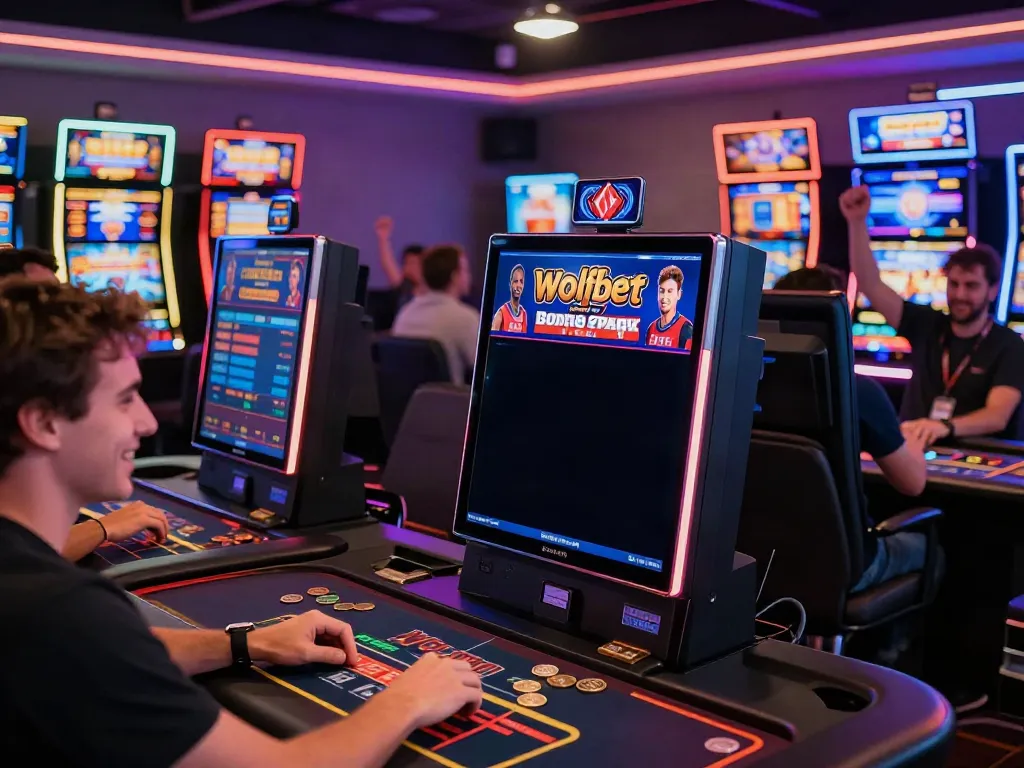 Vibrant crypto casino scene highlighting the Wolfbet Bonus Page, showcasing players engaged at gaming tables and lively atmosphere.