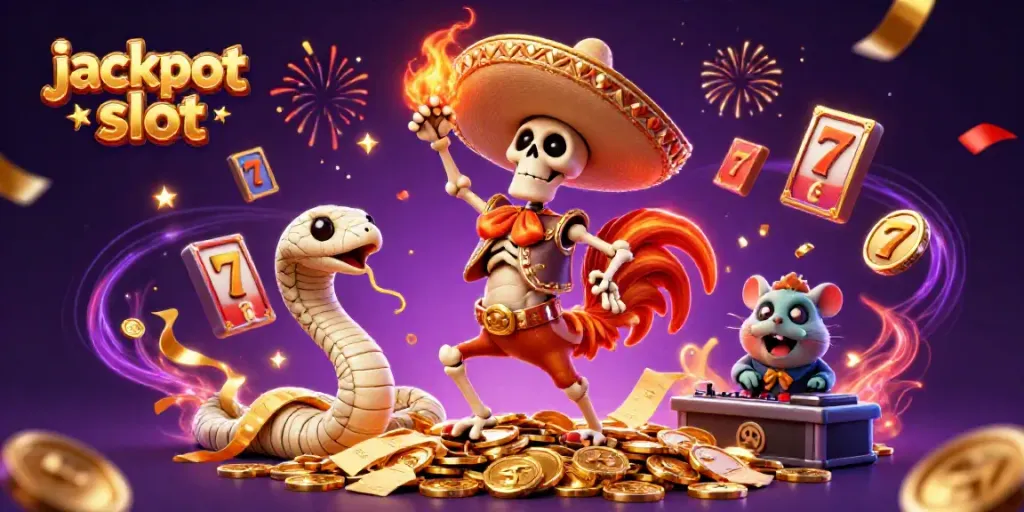 Win big with jackpot slot as characters celebrate over piles of gold coins.