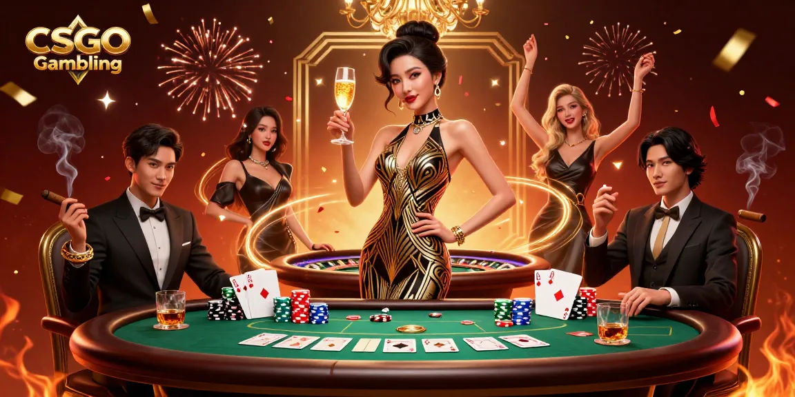 Berpartisipasi dalam Perjudian CSGO dengan seorang wanita elegan merayakan di tengah chip poker dan meja rolet.