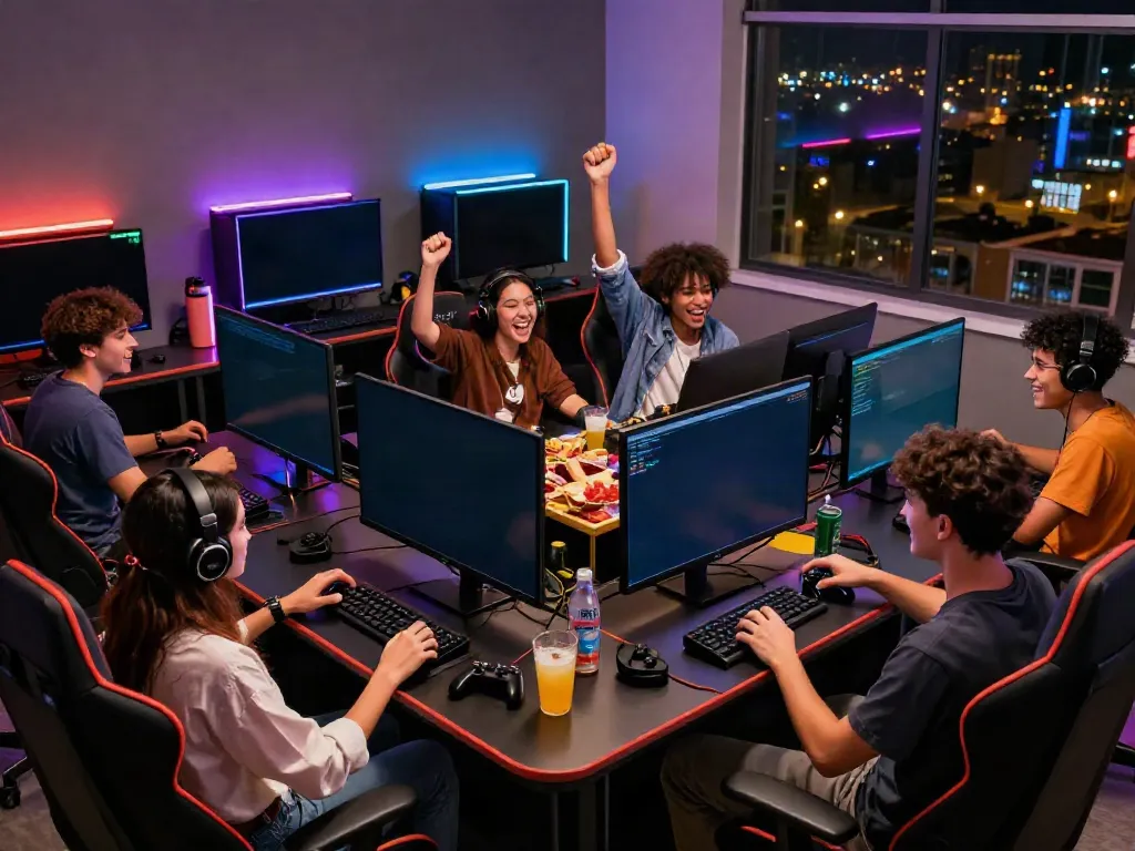 Diverse group celebrating a big win while playing SLOT GACOR games in a vibrant gaming room.