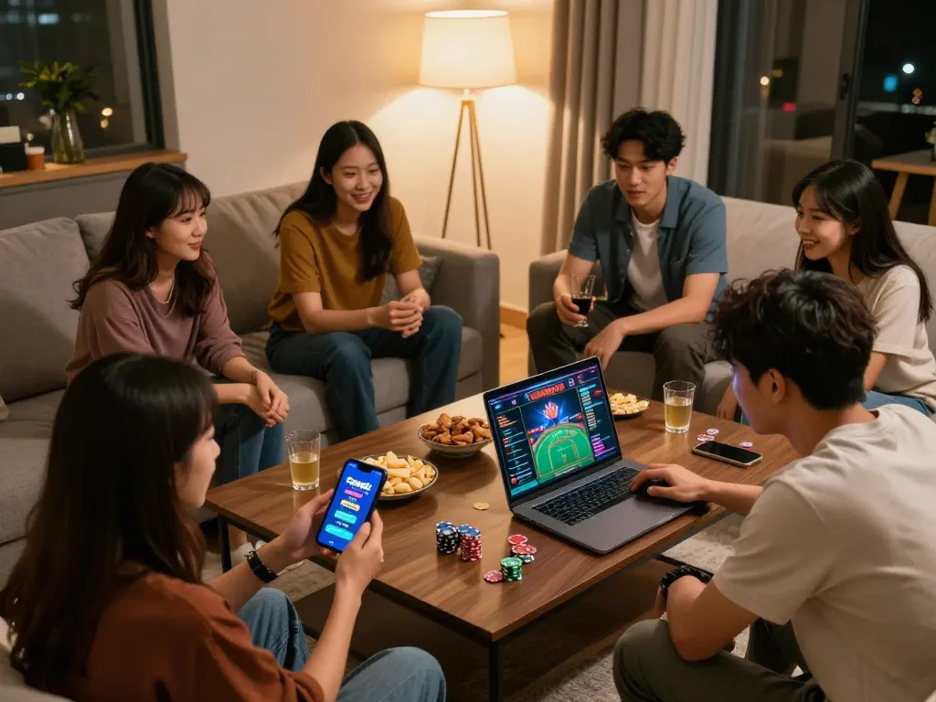 Friends engaging in online gaming with Fun88 app on smartphone during cozy home night.