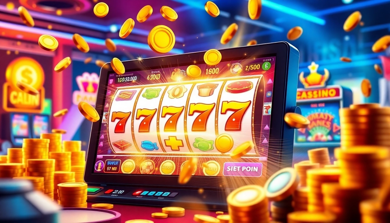 Experience thrilling wins on slot777 with a vibrant slot machine scene showcasing exciting gameplay and colorful graphics.