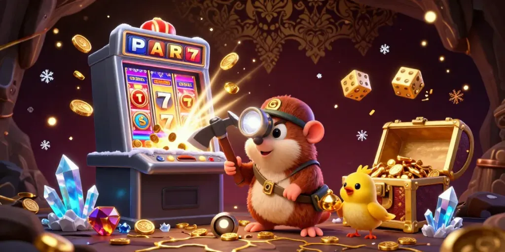 SODO66 brings thrilling casino adventures alive with a treasure hunter mole and slot machines bursting with coins.