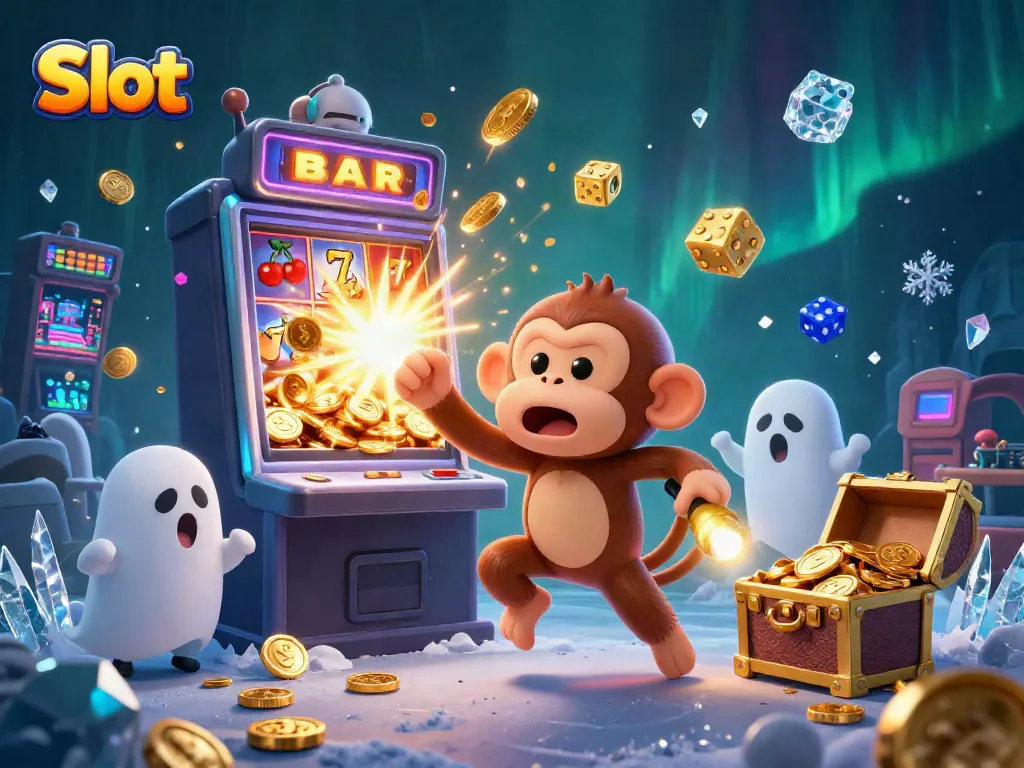 Mesin slot dengan karakter lucu, koin emas berhamburan di kasino hantu.