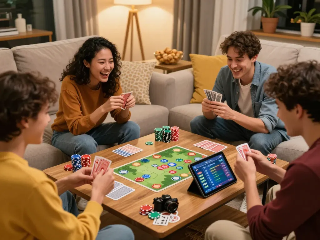 一群朋友在舒适的客厅里享受激动人心的好运棋牌游戏,尽情拥抱乐趣与竞争。