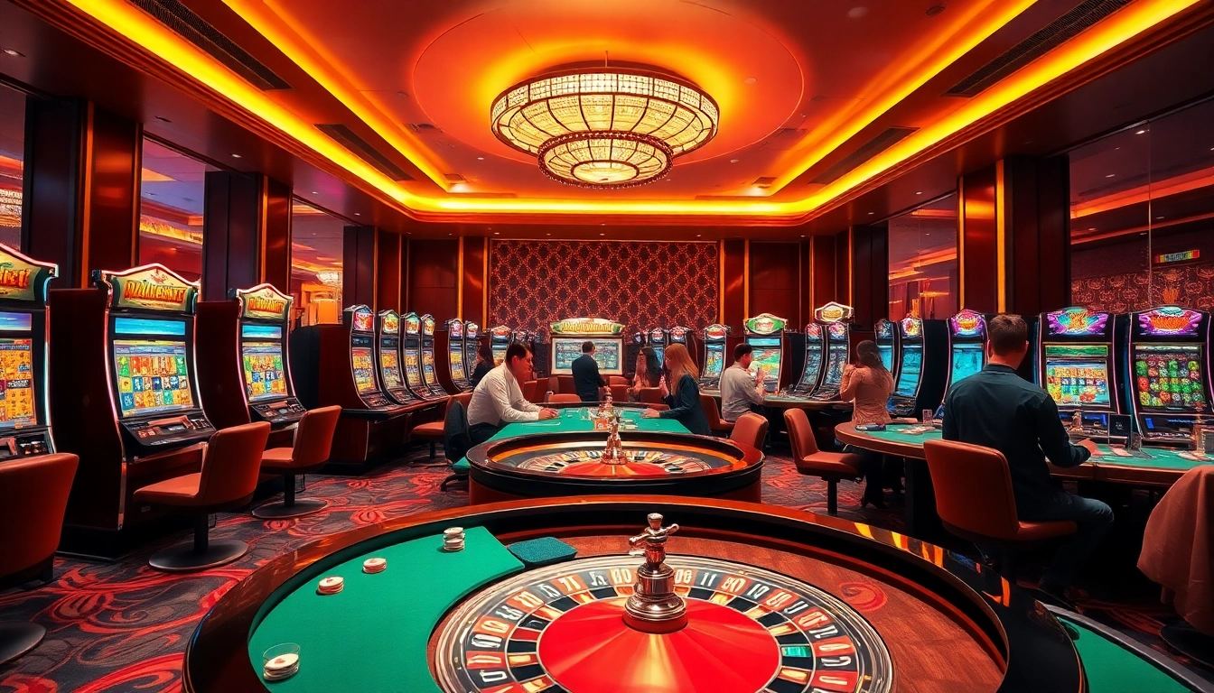 Players enjoying engaging games at nk88.fyi, capturing the excitement of casino life with vibrant slot machines and roulette tables.