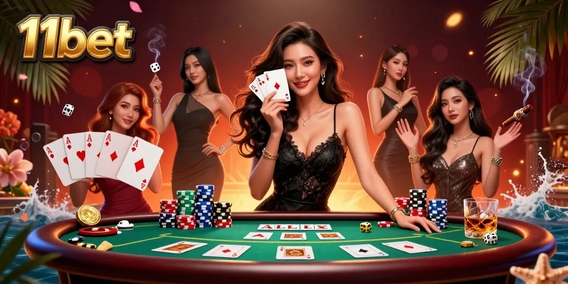 Experience the thrill of gaming at 11bet with an elegant woman holding winning cards.