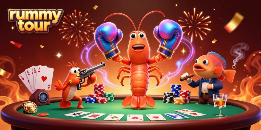 Rummy tour menampilkan karakter kartun 3D dalam pertarungan kartu, memberikan pengalaman bermain yang mengasyikkan.