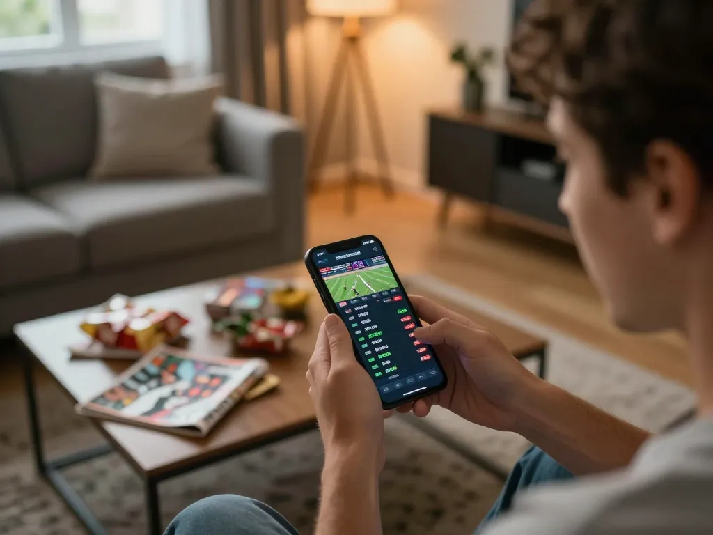 Engaging with Trang chủ Luck8 to place live sports bets on a smartphone in a cozy setting