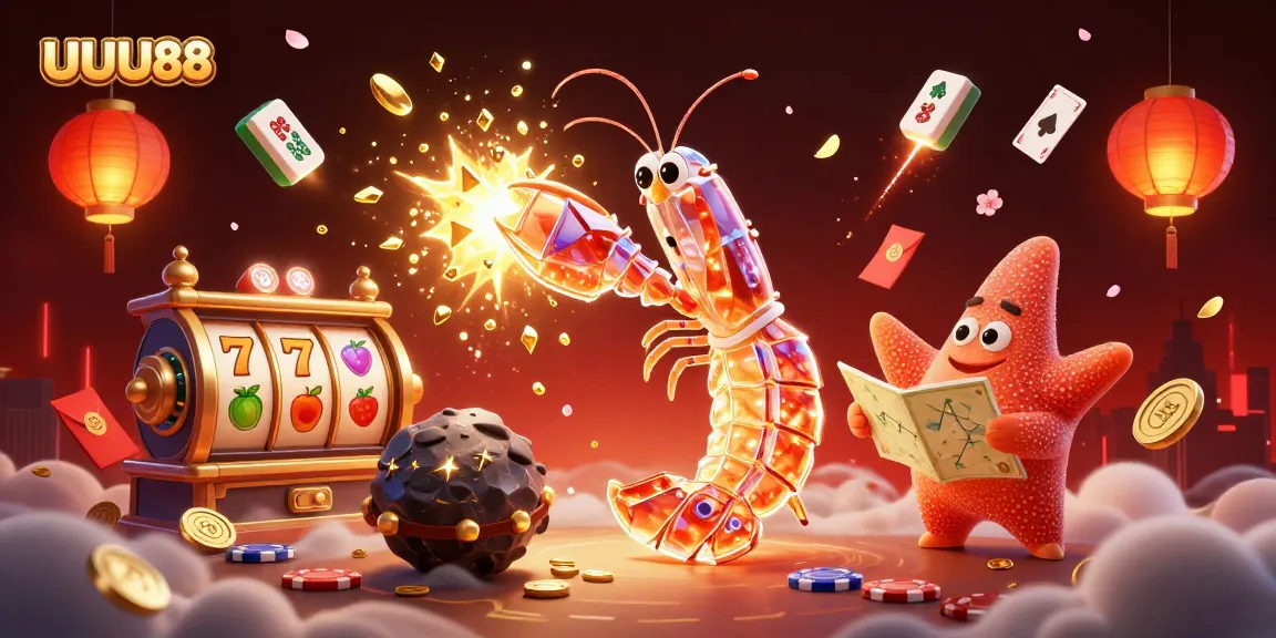 UUU88 hitting jackpots with 3D galactic samurai shrimp amidst vibrant casino elements.