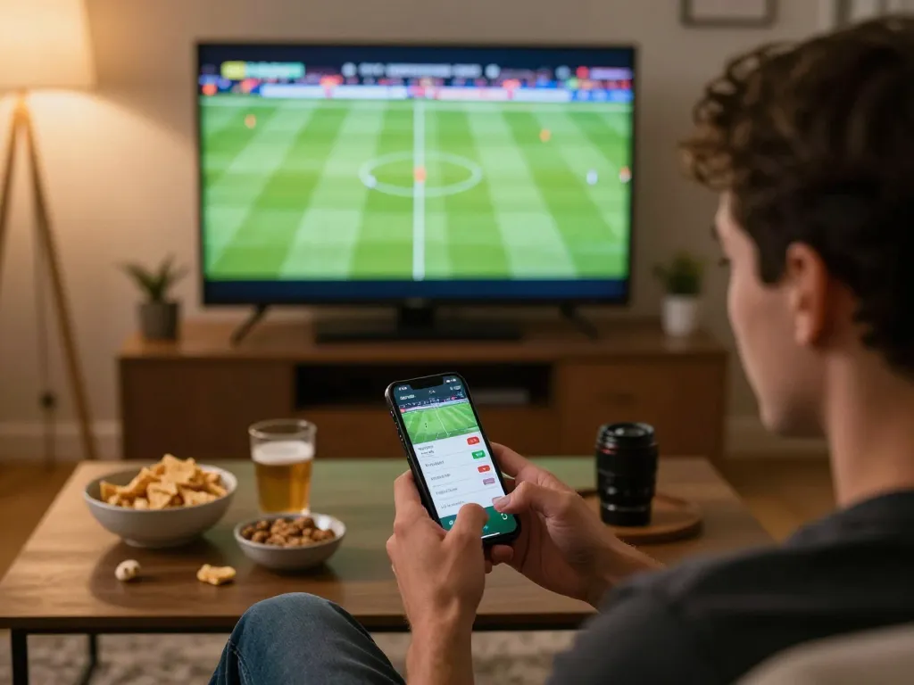 Sports bettor engaged in live betting using a phone at home, exploring ทางเข้า m102 options for efficient wagering