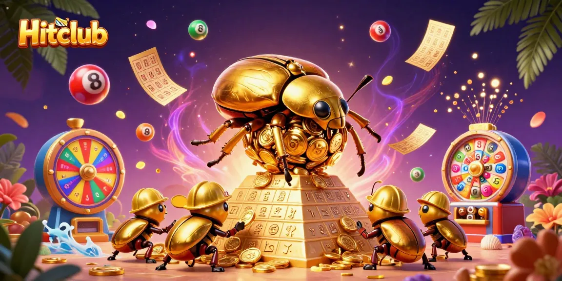 Hitclub promotes excitement with a golden beetle rolling coins and colorful lottery balls in a vibrant casino scene.