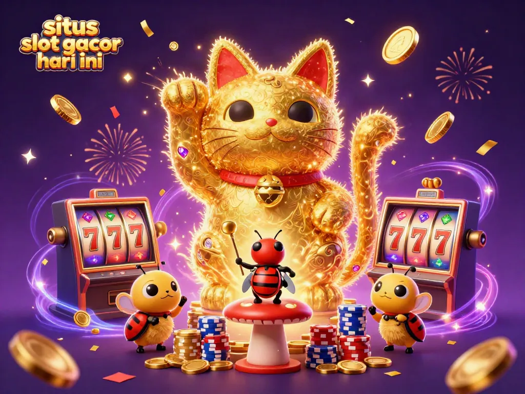 Menghadirkan situs slot gacor hari ini dengan gambar kartun 3D kucing keberuntungan yang dikelilingi simbol kasino dan koin emas.