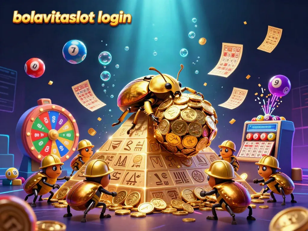 Experience exciting wins at bolavitaslot login with a vibrant 3D scene of golden beetles and casino elements.