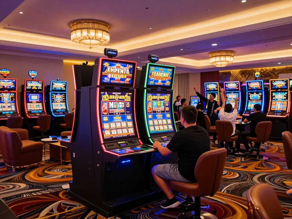 KADAL778 players celebrating wins at vibrant slot machines in a luxurious casino atmosphere.