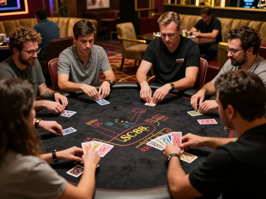 Players strategizing their bets at SC88 blackjack table in a luxurious casino setting.