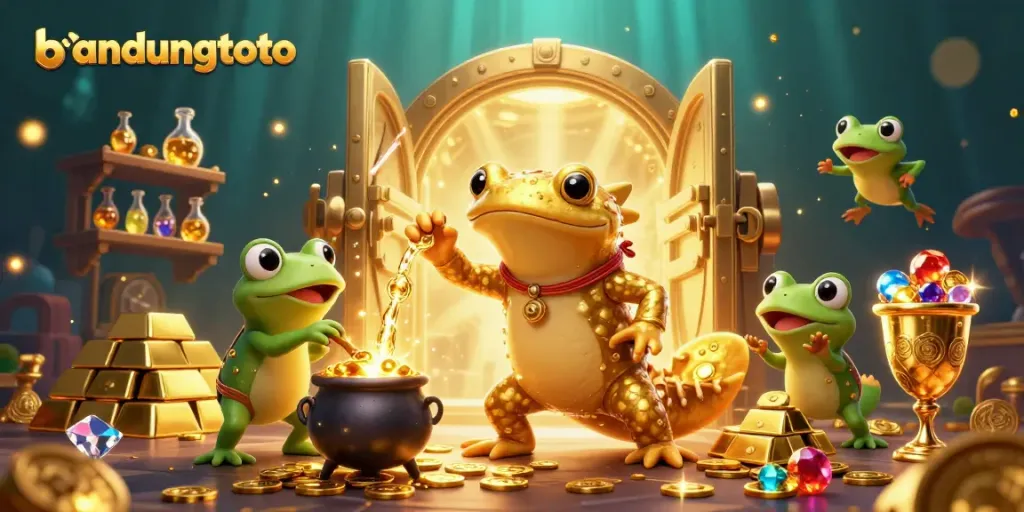 Experience thrilling gameplay with bandungtoto's captivating alchemy-themed casino illustration filled with golden treasures.