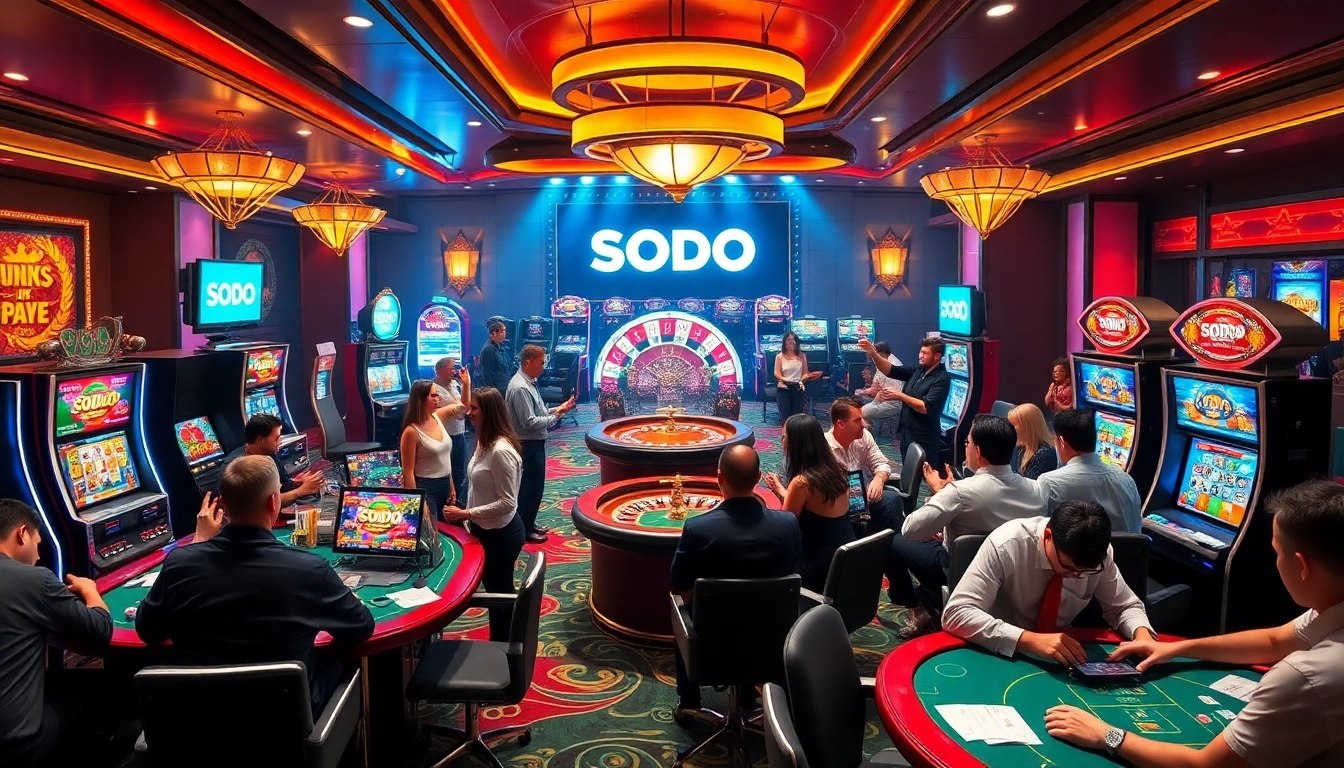 Players experiencing the thrill of SODO casino games, surrounded by vibrant lights and gaming tables.