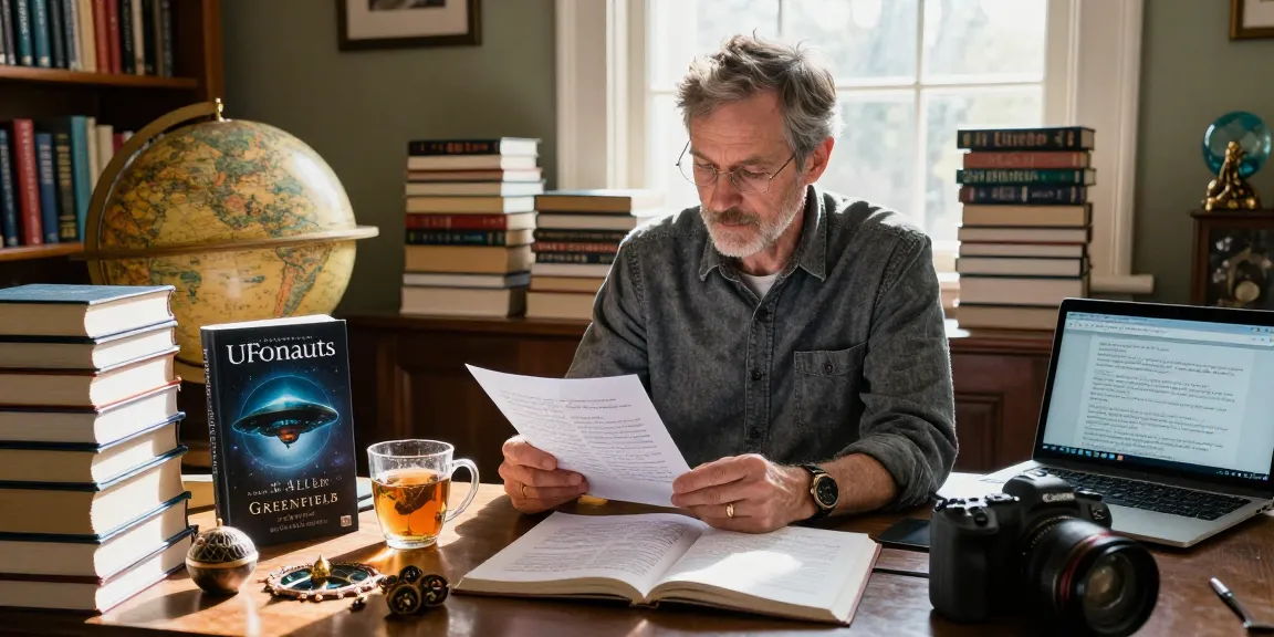 T Allen Greenfield reading in a library about UFO phenomena at https://tallengreenfield.com, with cozy lighting and books around.