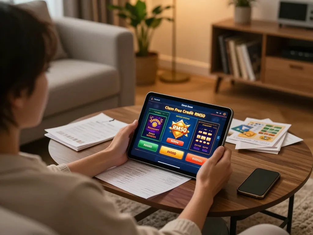 Bermain permainan kasino dalam talian sambil menuntut kredit percuma RM50 dari tablet di dalam suasana rumah yang selesa.
