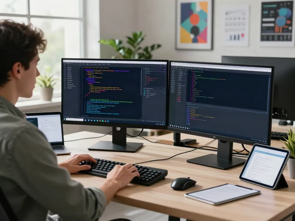 A80 information platform tech workspace with a developer coding on dual monitors in a modern office environment.