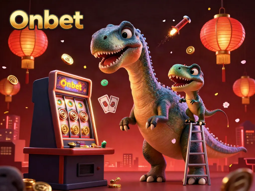 Get ready to win with Onbet's thrilling casino scene featuring a giant brontosaurus and lively card dealer.