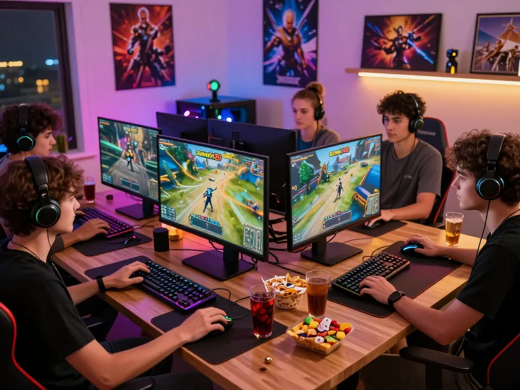 Friends enjoying a multiplayer session on sunwin20 in a vibrant gaming room.