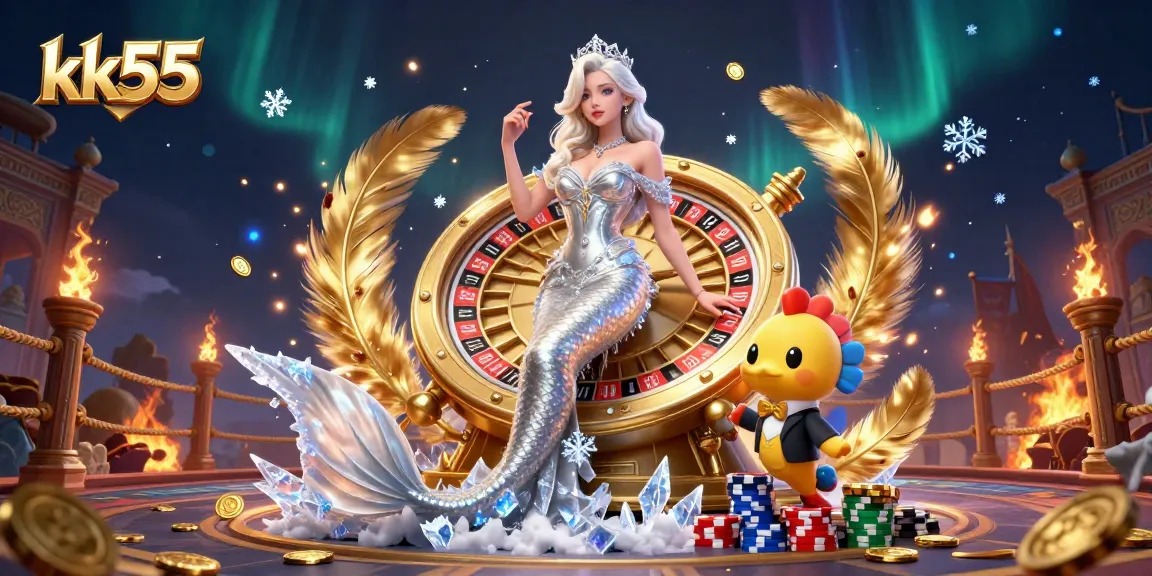 Experience the thrill of kk55 with vibrant casino elements and a glamorous mermaid in 3D.