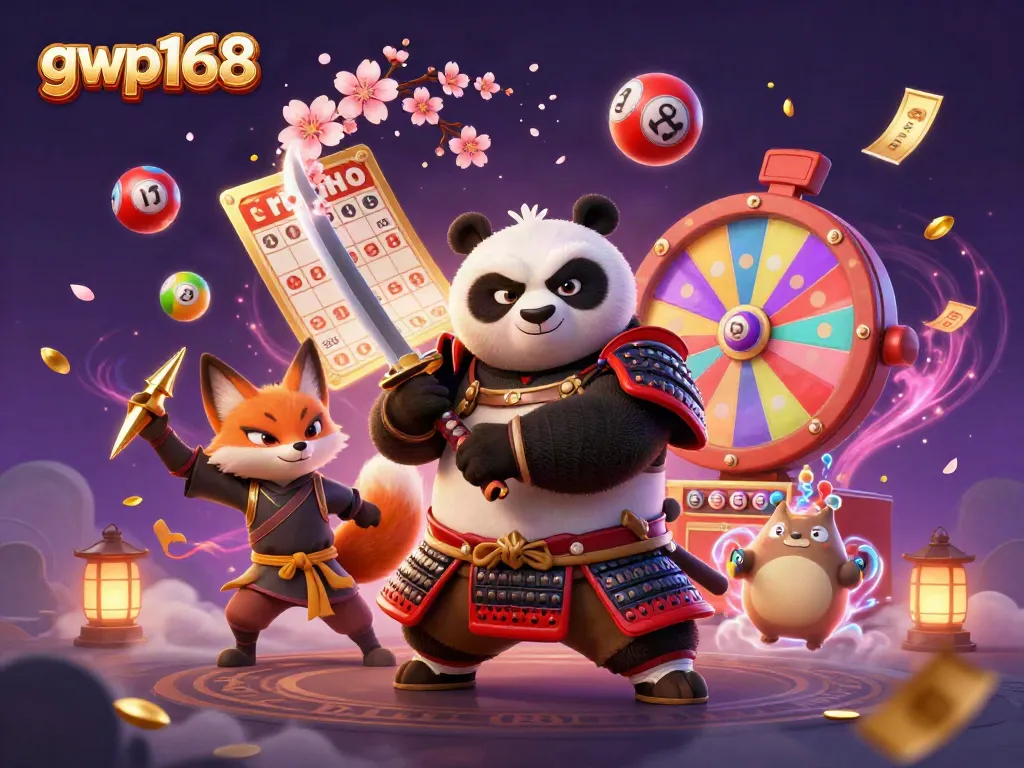 GWP168 hadir dengan ilustrasi konyol panda samurai dan rubah ninja dalam suasana kasino yang meriah.