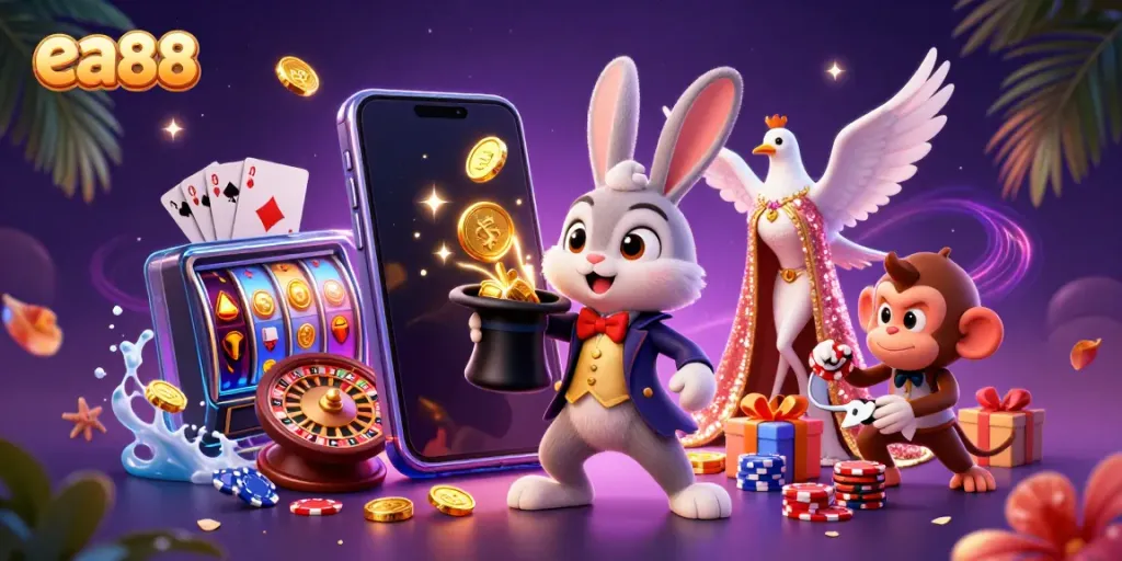 Watch the magical rabbit of ea88 pulling golden coins in a vibrant casino scene filled with games.