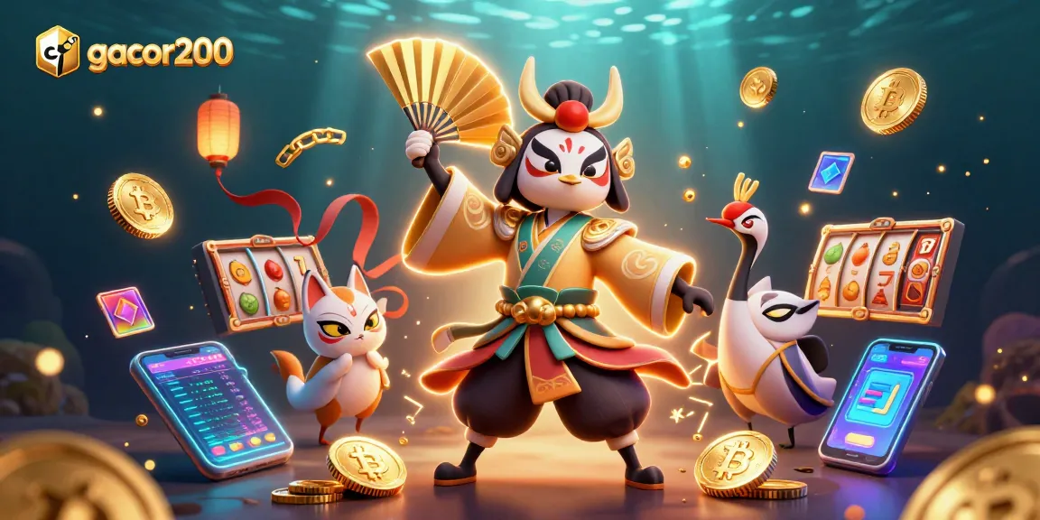 Engage with gacor200's vibrant gaming world featuring kabuki warriors and crypto coins.