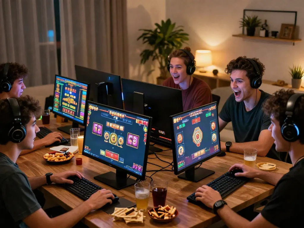 Players enjoying an akunjp online slot game in a cozy home setting.