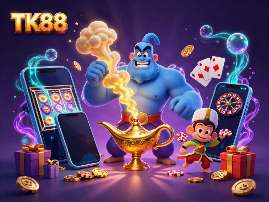 Experience the magic of TK88 with a genie, monkey, and poker chips in 3D casino scene