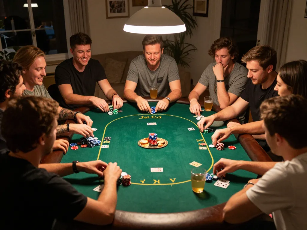 Friends engaged in a poker game at home, showcasing the excitement of playing 45678 with chips and cards.