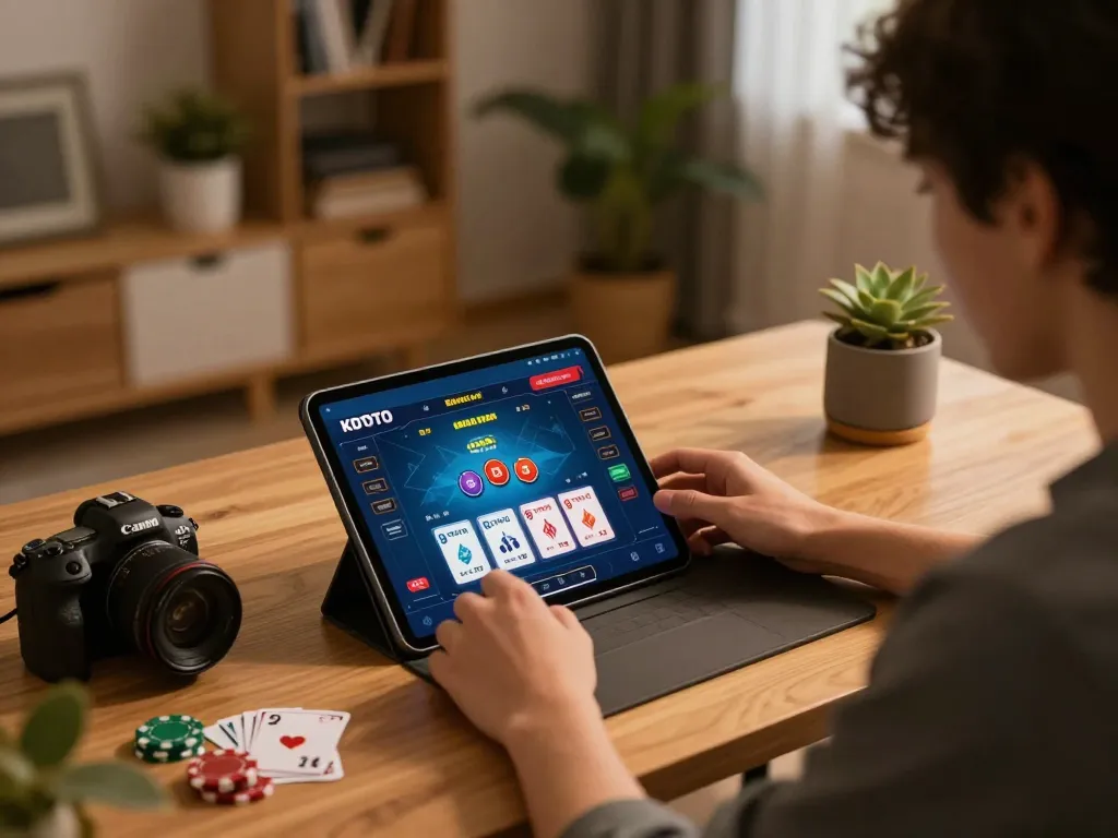 KDTOTO player engaged in online gambling session at home, focused on tablet gaming interface with strategic placements