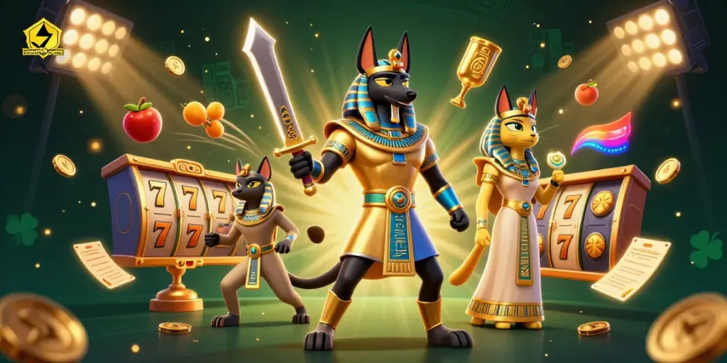 Engage with fundacionfatiga in this vibrant 3D casino scene showcasing Anubis and Bastet amidst slot elements.