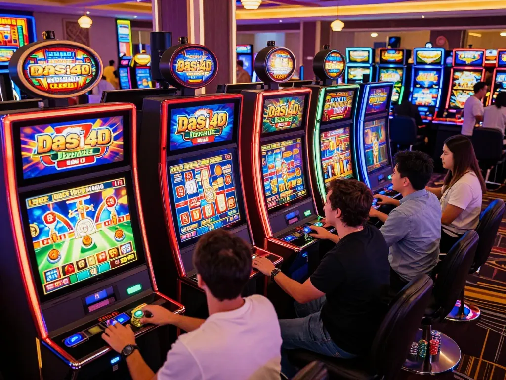 Pemain yang antusias berinteraksi dengan mesin slot dasi4d berwarna-warni di kasino yang penuh warna.