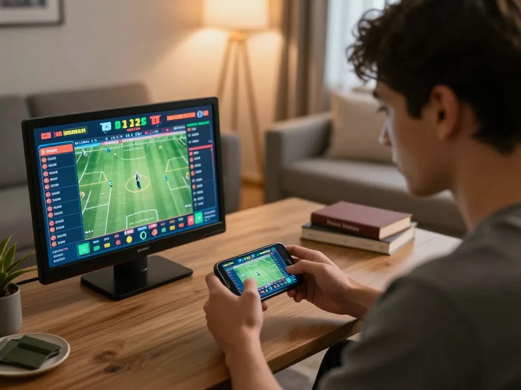 KP88 user engaging in strategic sports betting on smartphone, surrounded by a cozy home setting.