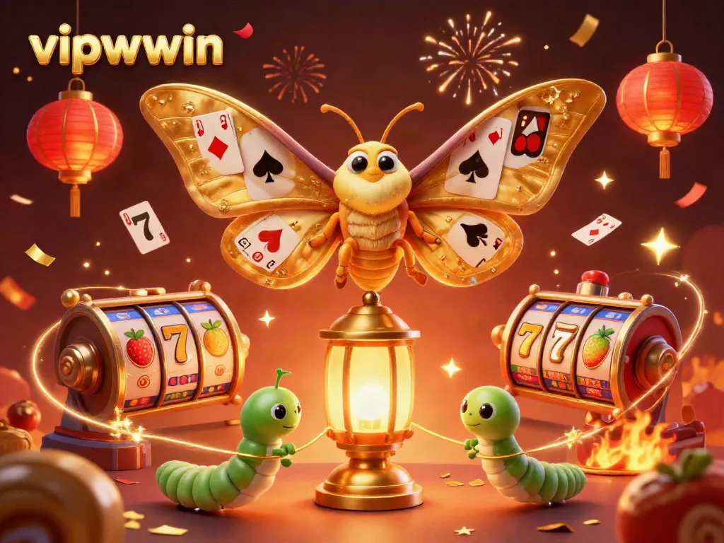 Engage in thrilling slot play with vipwwin, featuring golden moths and jackpot symbols in a vibrant casino illustration.