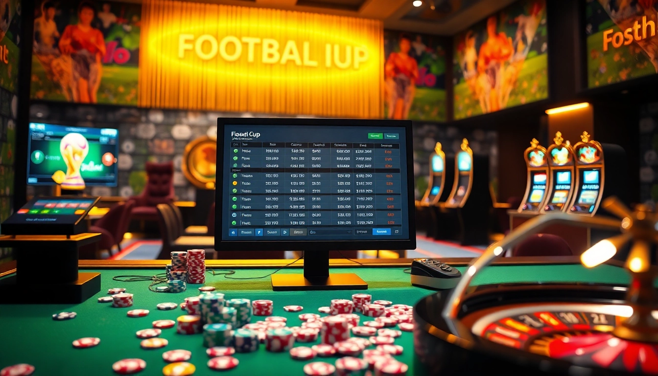 Experience the thrill of แทงบอลโลก with live betting screens and vibrant casino elements.