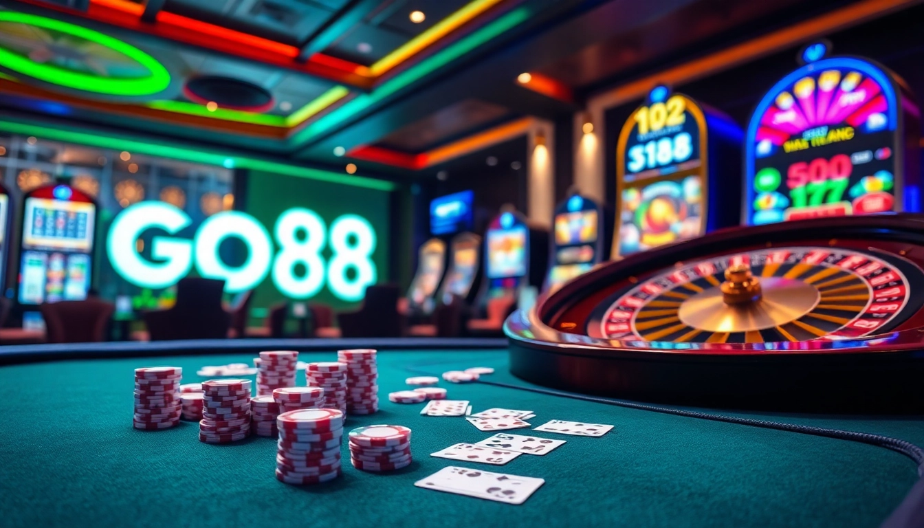 Players engage with GO88 casino games at a vibrant gaming table with poker chips and cards.
