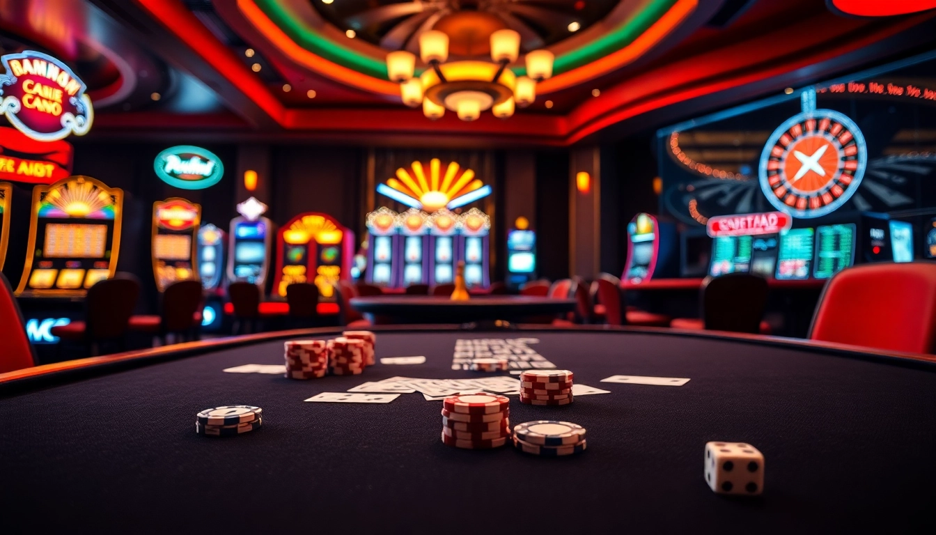 Win big at C168 casino table with poker chips and cards surrounded by vibrant slot machines.