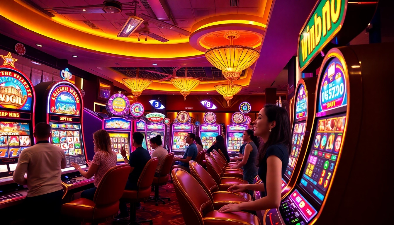 Excited players enjoying slot gacor machines in a vibrant casino atmosphere.