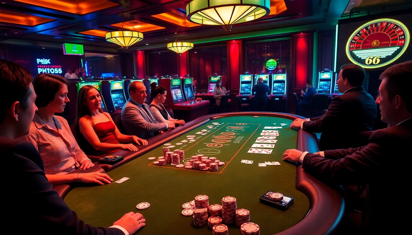 SODO66 players engaging at a vibrant casino table with chips and cards, showcasing excitement.