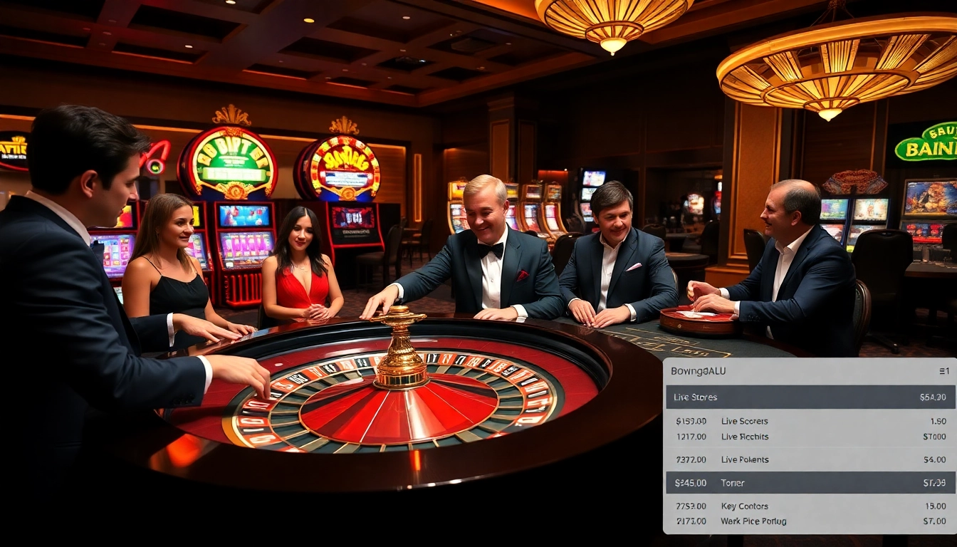 Bongdalu enthusiasts enjoying a thrilling casino atmosphere with roulette and poker games.